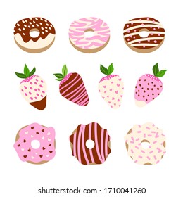 Vector set of donuts and strawberries with different tastes. Isolated on white. Strawberry, chocolate and vanilla tastes. Sweets illustration. Dessert set. Cartoon style.