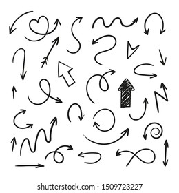 Vector set of doodle arrows on white background. Handmade by brush and pencil. Design elements. Hand drawn