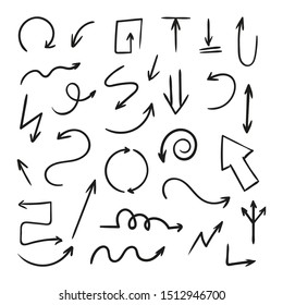 Vector set of doodle arrows on white background. Handmade by brush and pencil. Design elements. 