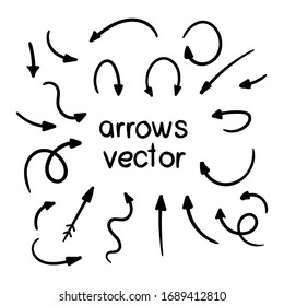 Vector set of doodle arrows on white background. Handmade by brush and pencil. Grunge design elements. Hand drawn