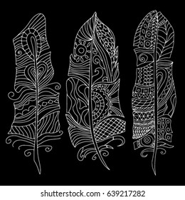 Vector set of doodle art feathers isolated on background
