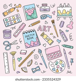 Vector set doodle of art supplies. Hand drawn artist's painting supplies, tool kits. Brushes, paints, tubes , palette, sketchbook, pencils, rulers.