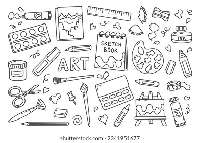 Vector set doodle of art supplies. Hand drawn artist's painting supplies, tool kits. Brushes, paints, tubes , palette, sketchbook, pencils, rulers.