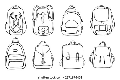 Vector set of doodle backpacks. Hand drawn vector illustration. Isolated objects on white background.