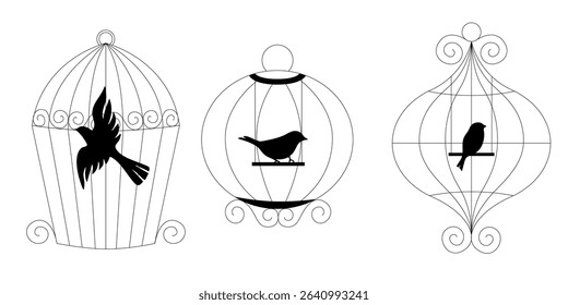 Vector set of doodle bird cages hand drawn line art illustration metal cage collection for pet birds minimal sketch for vintage or modern home decor