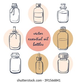 Vector set of doodle bottles with essential oil. Collection of simple hand drawn glass vials and flasks. Isolated objects on white background. Dark blue outline on pink and beige circles.