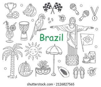 Vector set of doodle Brazilian elements,Line landmark, national and traditional symbols of the country in sketch style.