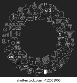 Vector set of doodle business icons on blackboard