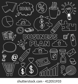 Vector set of doodle business icons on blackboard