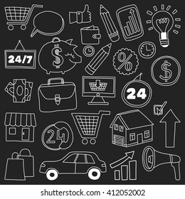 Vector set of doodle business icons on blackboard