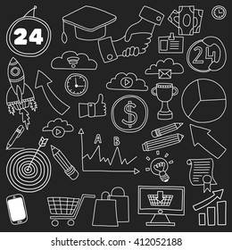 Vector set of doodle business icons on blackboard