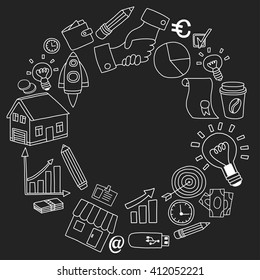 Vector set of doodle business icons on blackboard