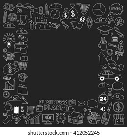 Vector set of doodle business icons on blackboard