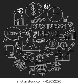 Vector set of doodle business icons on blackboard
