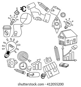 Vector set of doodle business icons on white paper