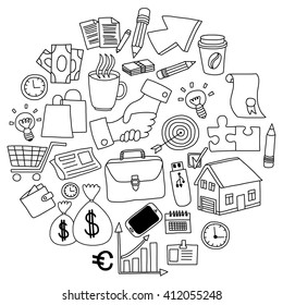 Vector set of doodle business icons on white paper