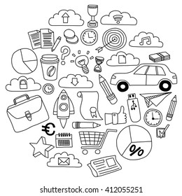 Vector set of doodle business icons on white paper