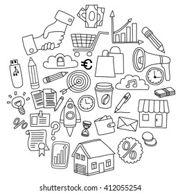 Vector set of doodle business icons on white paper