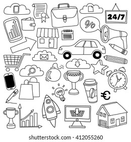 Vector set of doodle business icons on white paper