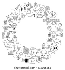 Vector set of doodle business icons on white paper