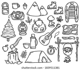 Vector Set of Doodle Camping Elements.Line and Outline Tourism Tools. Hand Drawn Forest  illustration. Hiking Objects. Collection for Design, Web, Graphic. Isolated on white background. 