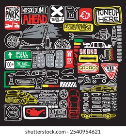 conjunto vetorial doodle da cultura do carro, inclui sinalização, ícone, objetos e outros diversos sobre a cultura do carro.