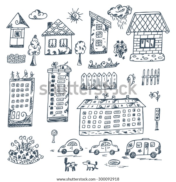 Vector Set of doodle cartoon\
houses