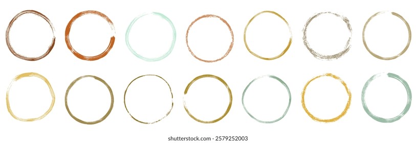 Vector Set Doodle Circle Borders Frames with Rough Edges, Neutral Earthy Colors Brown, Beige and Olive