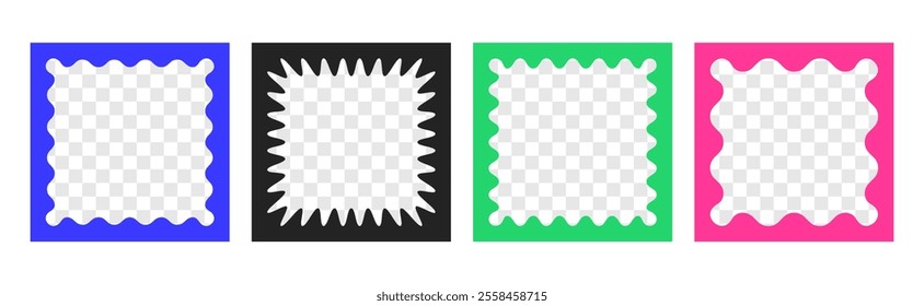 Vector set of doodle colored frames with scallop edges. Jagged wavy text box with empty transparent space inside. Wave squiggle photo borders, funky wiggly mirrors or curvy undulate frameworks