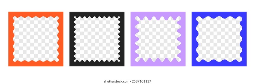 Vector set of doodle colored square frames with scallop edges. Jagged wavy text box with empty transparent space inside. Y2k squiggle photo borders, groovy wiggly mirrors or curvy undulate shapes