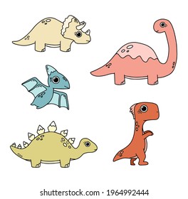 Vector set with doodle coloring dinosaurs. Stegosaurus, triceratops, stegosaurus, tyrannosaurus, diplodocus. Collection of modern simple line illustrations.