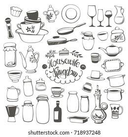 Vector Set of Doodle Contours of Various Dishes, Glasses, Pots and other Kitchen Utensils