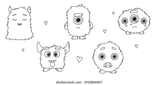 Vector set of doodle cute monters. Emotions, faces, eye, mouths, happy, sad.Collection of modern line illustrations.