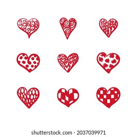 Vector Set of Doodle Cute Textured Hearts Isolated on White Background, Red Hand Drawn Icons Collection.