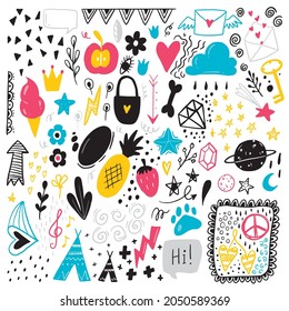 Vector set of doodle with different elements: heatrs, arrows, clouds, dots, ice-cream, paw, borders, stars, bubble speech. Hand drawn illustration isolated on white background