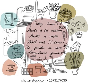 Conjunto vectorial de dibujos de doodle de actividades domésticas como cocina, trabajo desde casa, dibujo, tejido, deportes y letras de STAY HOME en diferentes idiomas. 