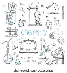 Vector set of doodle drawings of chemistry. Hand drawings on a white background.