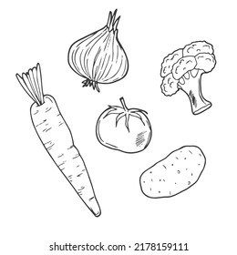 Vector set with doodle drawings of vegetables: carrots, tomatoes, potatoes, broccoli, onions, garlic.