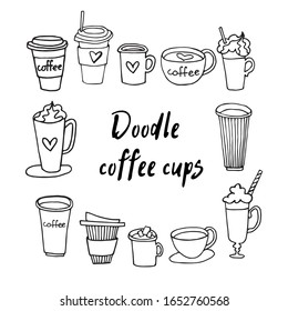 Vector set of doodle elements. Hand drawn cute coffee cups, cups with hearts, coffee with cream, cocoa, coffee cups in doodle style.Doodle coffee cup set.