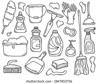 Vector Set of Doodle Elements, Icons for Cleaning,Washing in Home.Hand Drawn Tools, Equipment,Detergents in Sketch style.Line and Outline Products for Household and Work.Isolated on white background.