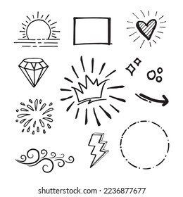Vector set of Doodle elements, love, sun, arrow, wind, crown and others, for concept design.