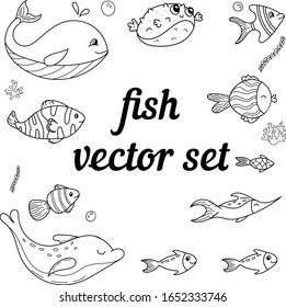 vector set of doodle elements with marine inhabitants - fish, coloring book