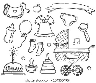 Vector Set of Doodle Elements for a Newborn Baby.Collection of Hand Drawn Line and Outline Kid's Objects. Decorative Accessories and Toys for Girl in Sketch style.Isolated on a white background.