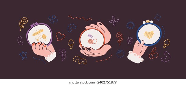 Vector set of doodle elements on the theme of embroidery. Three cartoon hands hold a hoop with embroidery. Elements for the design.