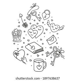 vector set of doodle elements for Valentine's Day from hearts, keys, notepad, cup, cupcake, envelope, for decorating postcards, posters, wrapping paper