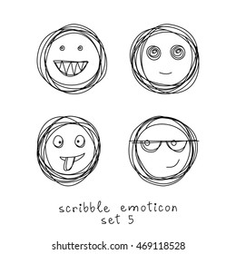 Vector set of doodle emoticons and emoji. Hand drawn scribble icons. Cute linear design element. Black and white illustration for print, web