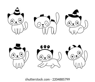 Vector set of doodle festive cute cats.Collection of childish happy cartoon kittens for halloween design,paper goods,cards,invitation.Outline.Sketch.Isolated on white background. 