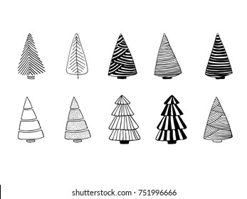 a vector set of doodle fir-trees isolated on white background; sketched Christmas trees; a hand drawn tree icon