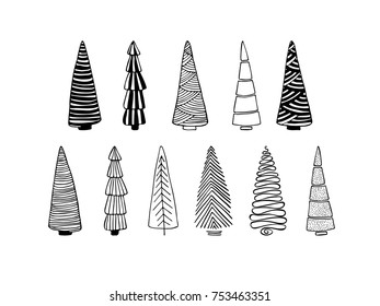 a vector set of doodle fir-trees isolated on white background; sketched Christmas trees; a hand drawn tree icon