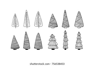 a vector set of doodle fir-trees isolated on white background; sketched Christmas trees; a hand drawn tree icon